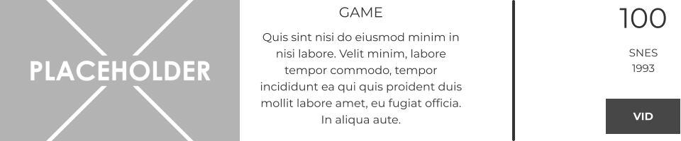 GAME Quis sint nisi do eiusmod minim in nisi labore. Velit minim, labore tempor commodo, tempor incididunt ea qui quis proident duis mollit labore amet, eu fugiat officia. In aliqua aute.  100 SNES 1993 VID VID