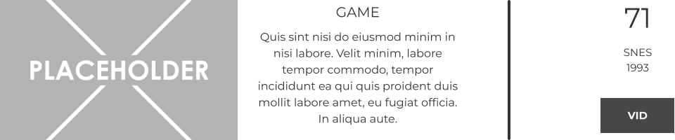 GAME Quis sint nisi do eiusmod minim in nisi labore. Velit minim, labore tempor commodo, tempor incididunt ea qui quis proident duis mollit labore amet, eu fugiat officia. In aliqua aute.  71 SNES 1993 VID VID