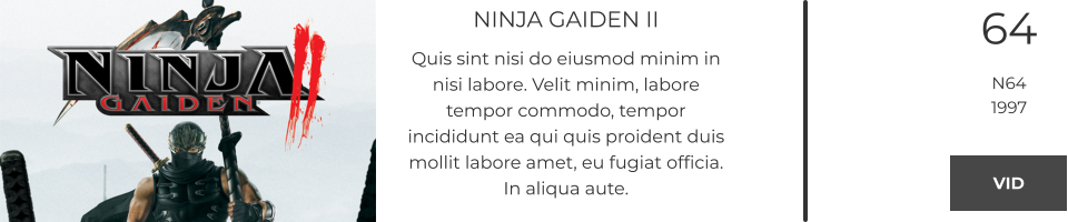 NINJA GAIDEN II Quis sint nisi do eiusmod minim in nisi labore. Velit minim, labore tempor commodo, tempor incididunt ea qui quis proident duis mollit labore amet, eu fugiat officia. In aliqua aute.  64 N64 1997 VID VID