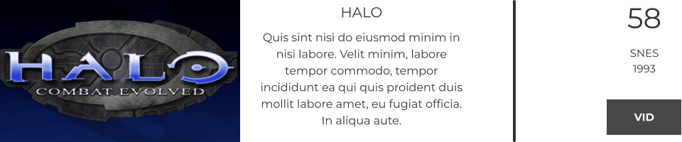 HALO Quis sint nisi do eiusmod minim in nisi labore. Velit minim, labore tempor commodo, tempor incididunt ea qui quis proident duis mollit labore amet, eu fugiat officia. In aliqua aute.  58 SNES 1993 VID VID