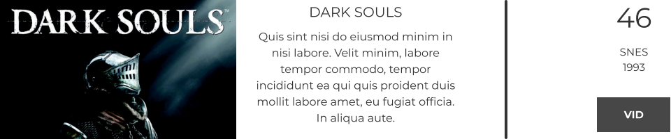 DARK SOULS Quis sint nisi do eiusmod minim in nisi labore. Velit minim, labore tempor commodo, tempor incididunt ea qui quis proident duis mollit labore amet, eu fugiat officia. In aliqua aute.  46 SNES 1993 VID VID