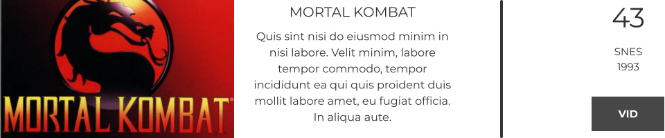 MORTAL KOMBAT Quis sint nisi do eiusmod minim in nisi labore. Velit minim, labore tempor commodo, tempor incididunt ea qui quis proident duis mollit labore amet, eu fugiat officia. In aliqua aute.  43 SNES 1993 VID VID