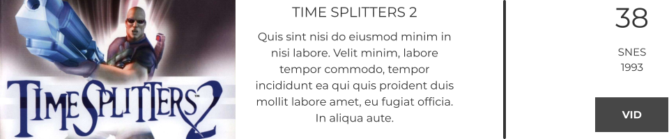 TIME SPLITTERS 2 Quis sint nisi do eiusmod minim in nisi labore. Velit minim, labore tempor commodo, tempor incididunt ea qui quis proident duis mollit labore amet, eu fugiat officia. In aliqua aute.  38 SNES 1993 VID VID