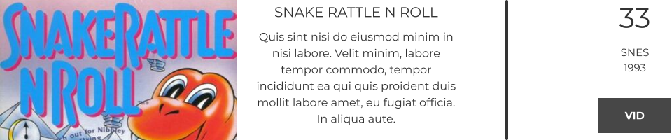 SNAKE RATTLE N ROLL Quis sint nisi do eiusmod minim in nisi labore. Velit minim, labore tempor commodo, tempor incididunt ea qui quis proident duis mollit labore amet, eu fugiat officia. In aliqua aute.  33 SNES 1993 VID VID