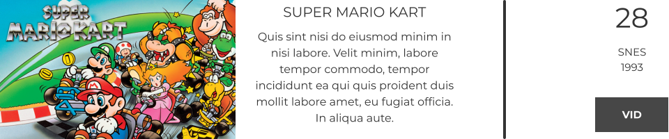 SUPER MARIO KART Quis sint nisi do eiusmod minim in nisi labore. Velit minim, labore tempor commodo, tempor incididunt ea qui quis proident duis mollit labore amet, eu fugiat officia. In aliqua aute.  28 SNES 1993 VID VID