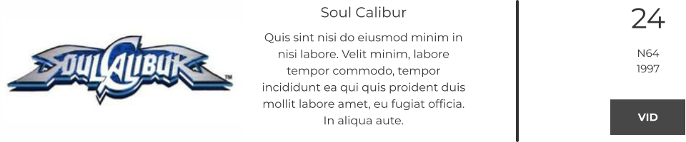 Soul Calibur Quis sint nisi do eiusmod minim in nisi labore. Velit minim, labore tempor commodo, tempor incididunt ea qui quis proident duis mollit labore amet, eu fugiat officia. In aliqua aute.  24 N64 1997 VID VID