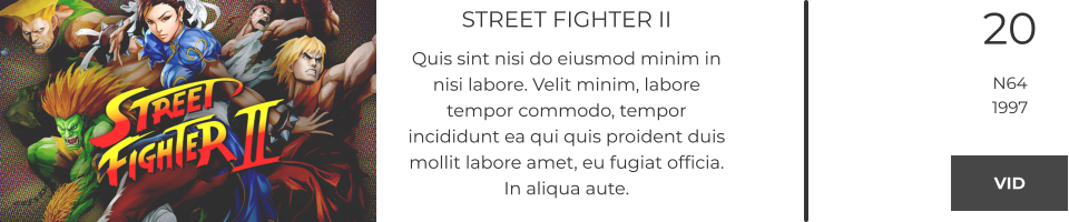 STREET FIGHTER II Quis sint nisi do eiusmod minim in nisi labore. Velit minim, labore tempor commodo, tempor incididunt ea qui quis proident duis mollit labore amet, eu fugiat officia. In aliqua aute.  20 N64 1997 VID VID