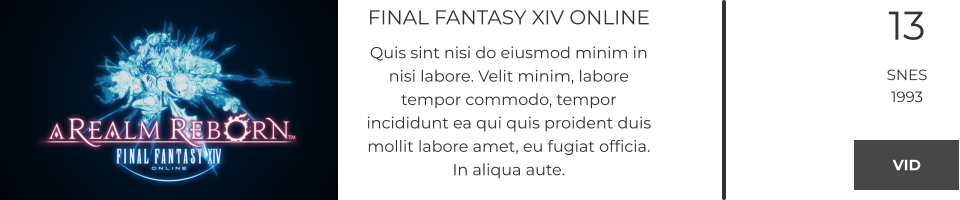 FINAL FANTASY XIV ONLINE Quis sint nisi do eiusmod minim in nisi labore. Velit minim, labore tempor commodo, tempor incididunt ea qui quis proident duis mollit labore amet, eu fugiat officia. In aliqua aute.  13 SNES 1993 VID VID