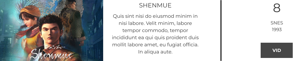 SHENMUE Quis sint nisi do eiusmod minim in nisi labore. Velit minim, labore tempor commodo, tempor incididunt ea qui quis proident duis mollit labore amet, eu fugiat officia. In aliqua aute.  8 SNES 1993 VID VID