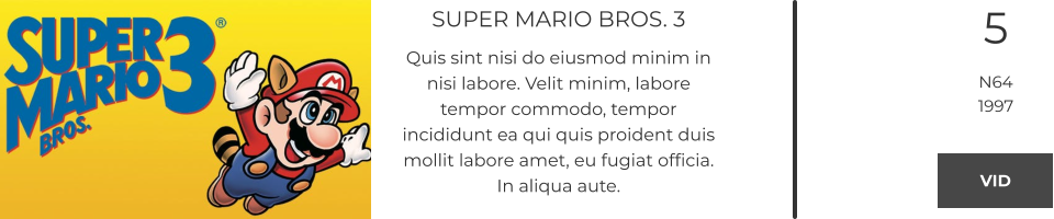 SUPER MARIO BROS. 3 Quis sint nisi do eiusmod minim in nisi labore. Velit minim, labore tempor commodo, tempor incididunt ea qui quis proident duis mollit labore amet, eu fugiat officia. In aliqua aute.  5 N64 1997 VID VID